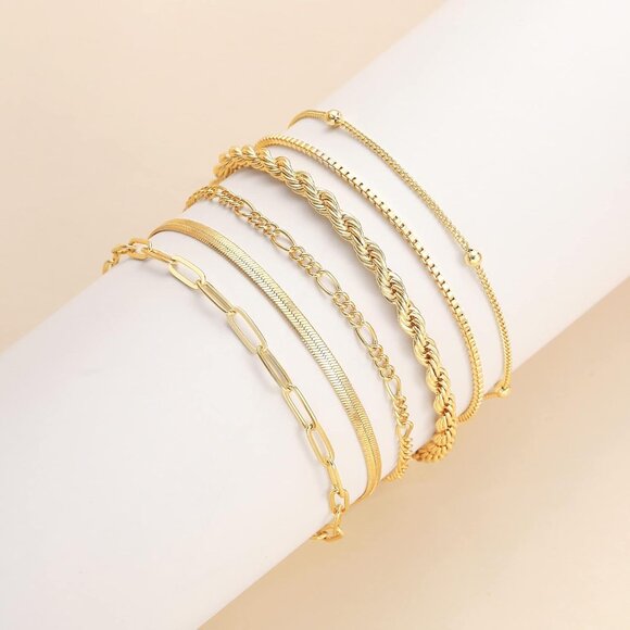 Women's Gold Bracelet Pack DEARMAY 14K Plated Dainty Stackable Cuban Paperclip - Picture 7 of 8